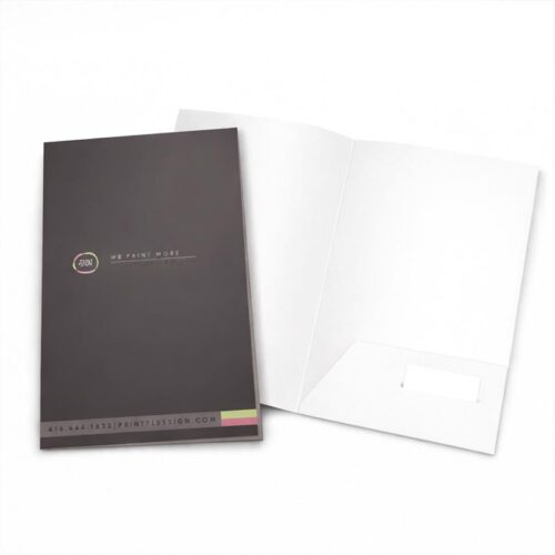 Custom presentation folder printing for businesses, dark gray printed cover with white unprinted inside pocket, professional marketing folder
