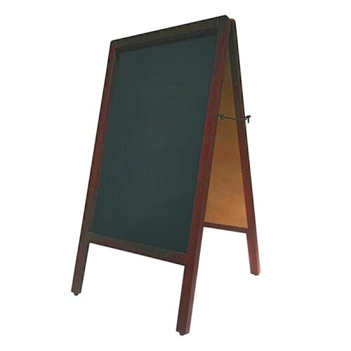 Wood chalkboard A-frame sidewalk sign with handwritten café special menu in chalk outside a coffee shop