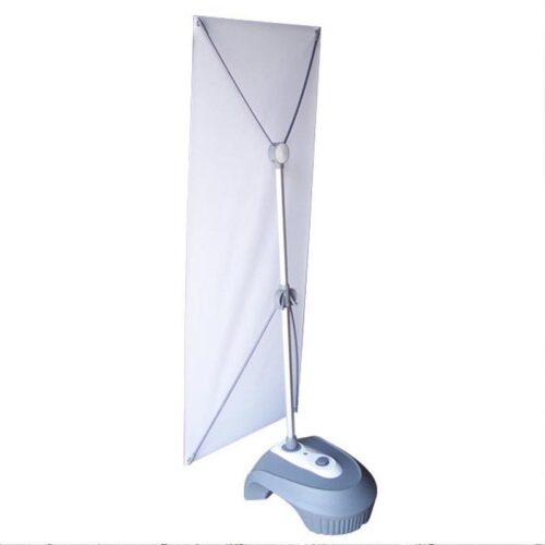 Outdoor X-banner stand with water-filled base and vertical banner display for sidewalk and event advertising