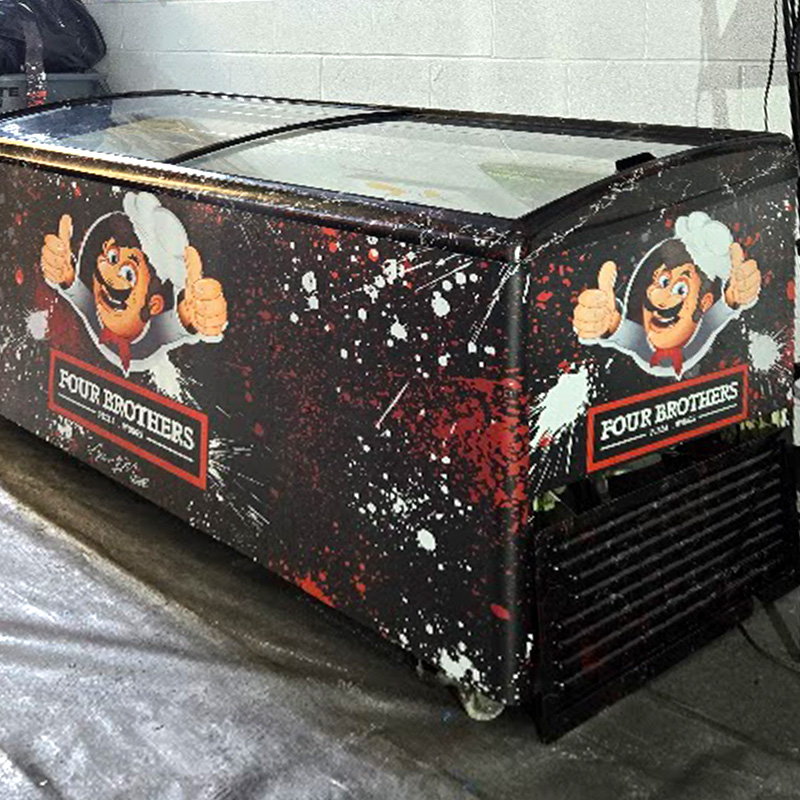 Custom vinyl wrap for commercial freezer display with branded graphics and durable printed finish in Toronto GTA