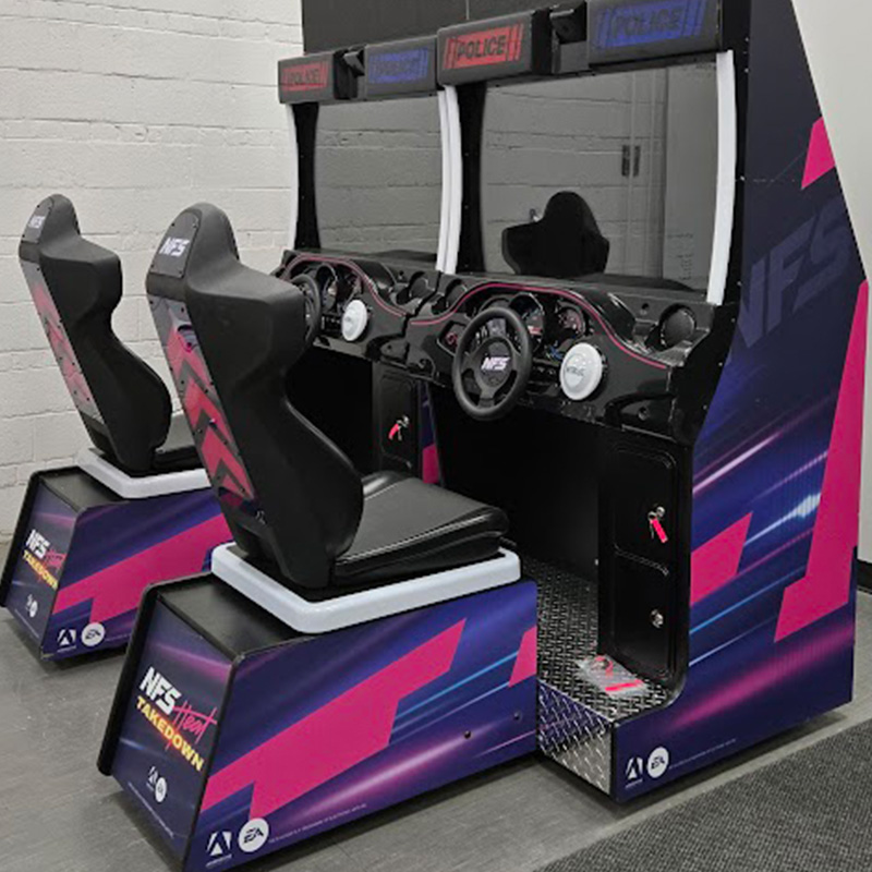 Custom vinyl wrap for arcade racing simulator with branded graphics and high resolution printed panels in Toronto GTA